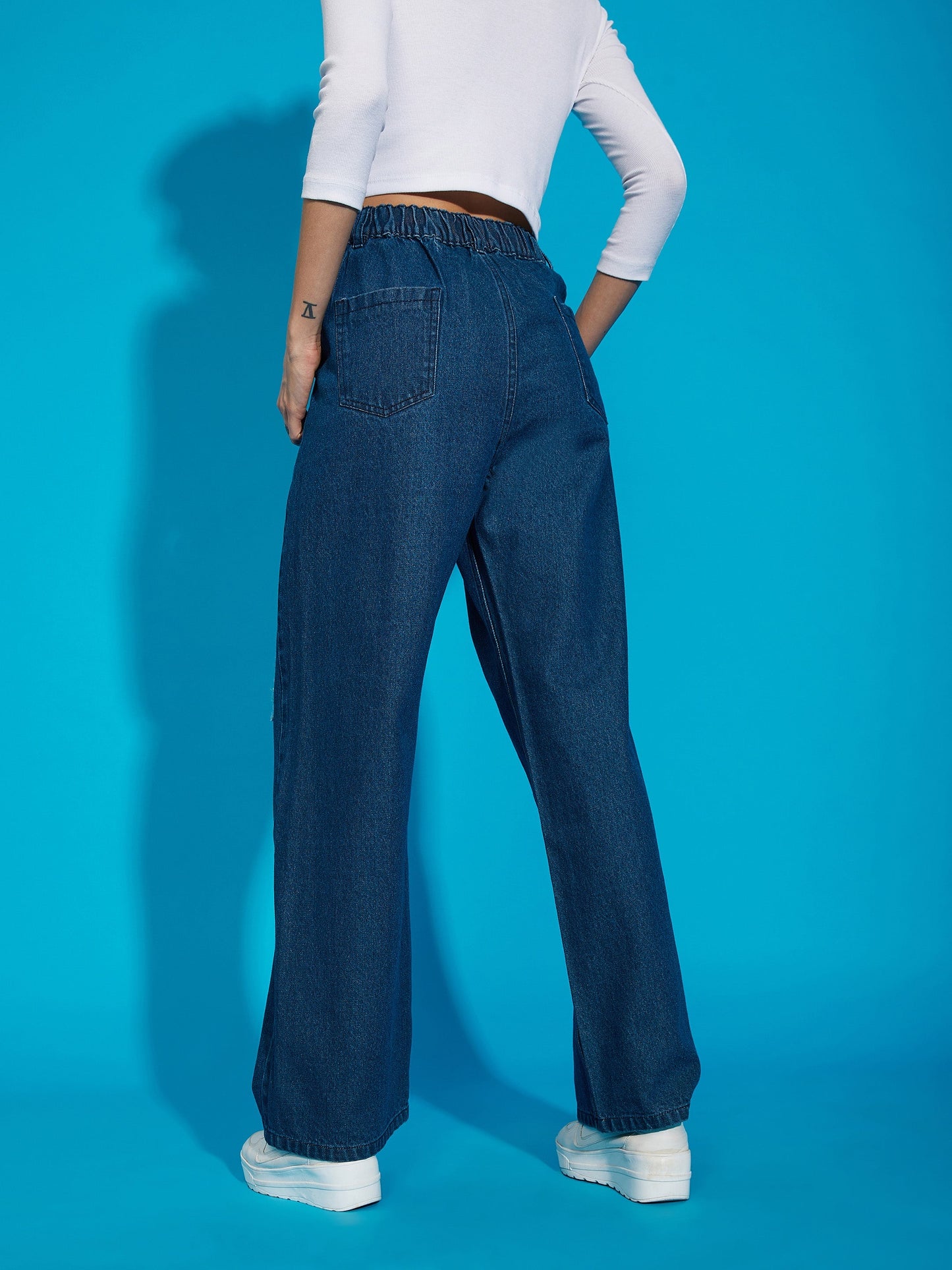 Navy Wash Distress Baggy Fit Jeans