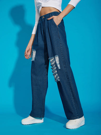 Navy Wash Distress Baggy Fit Jeans