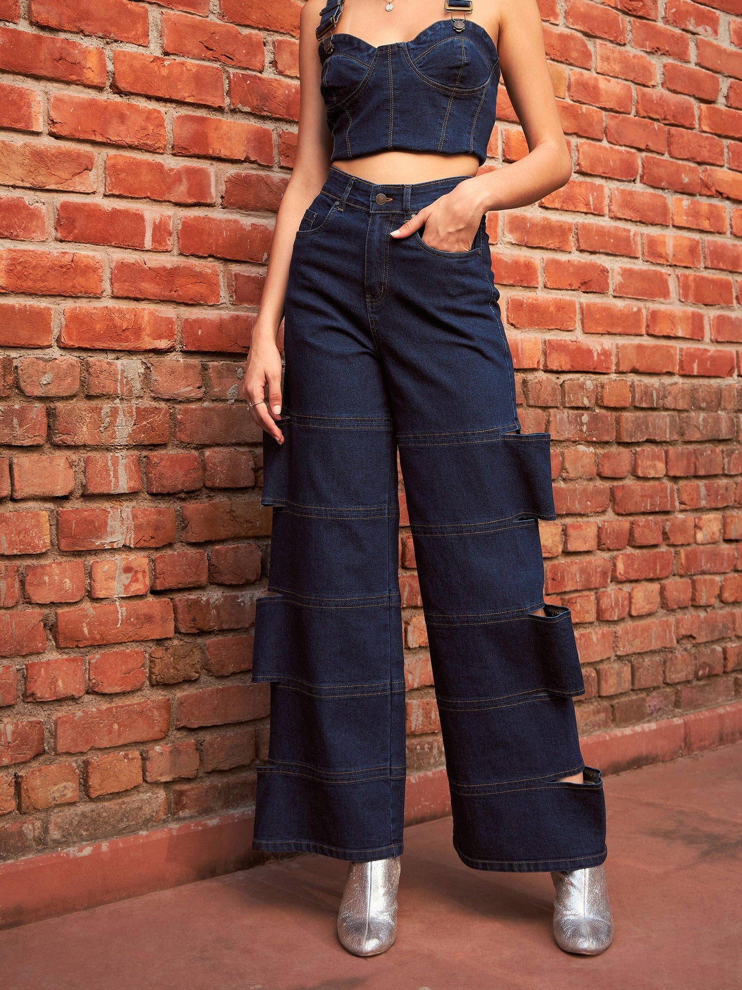 Navy Premium Side Cutout Straight Jeans