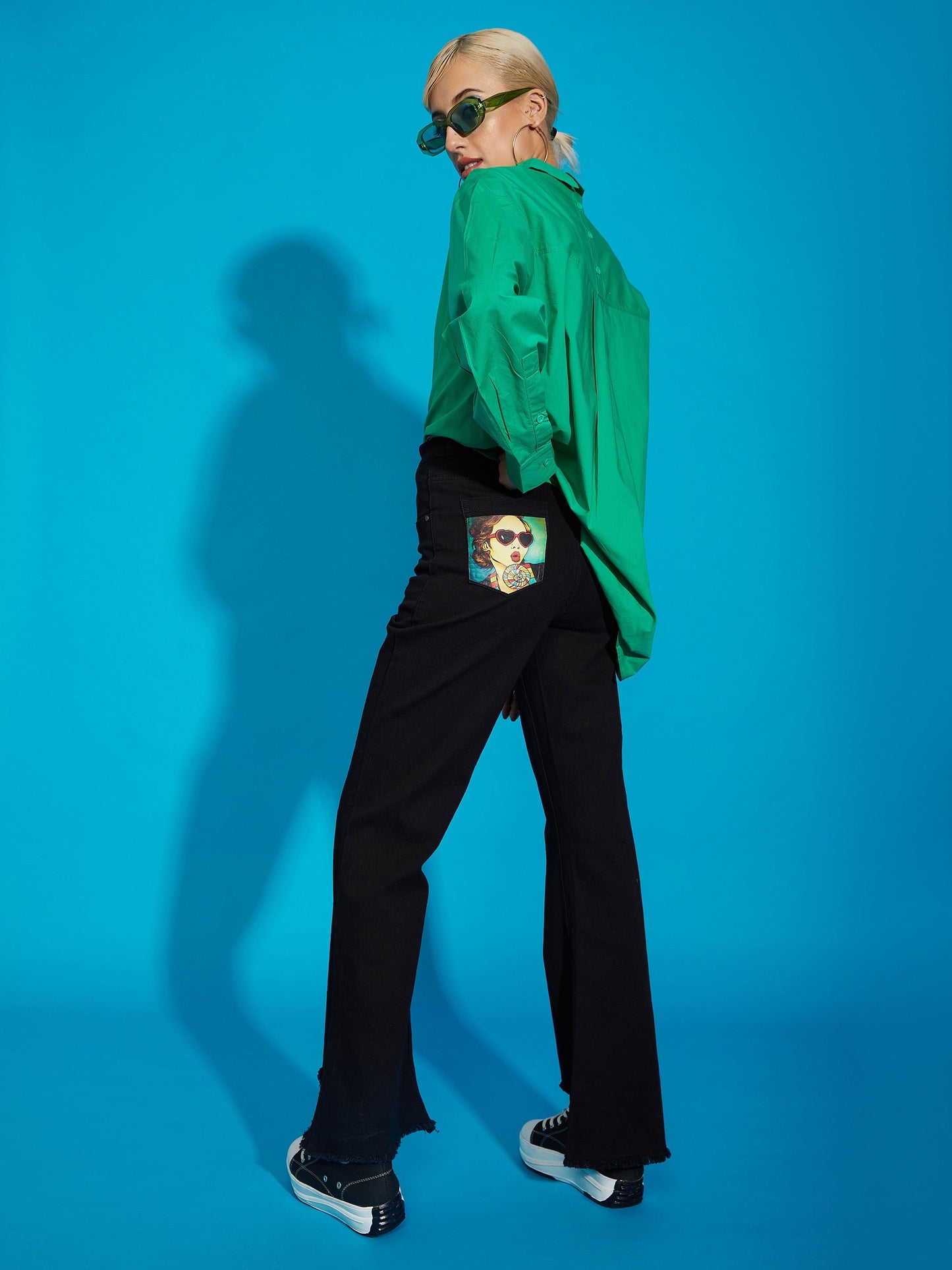 Black Premium Back Print Bell Bottom Jeans