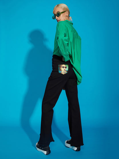 Black Premium Back Print Bell Bottom Jeans
