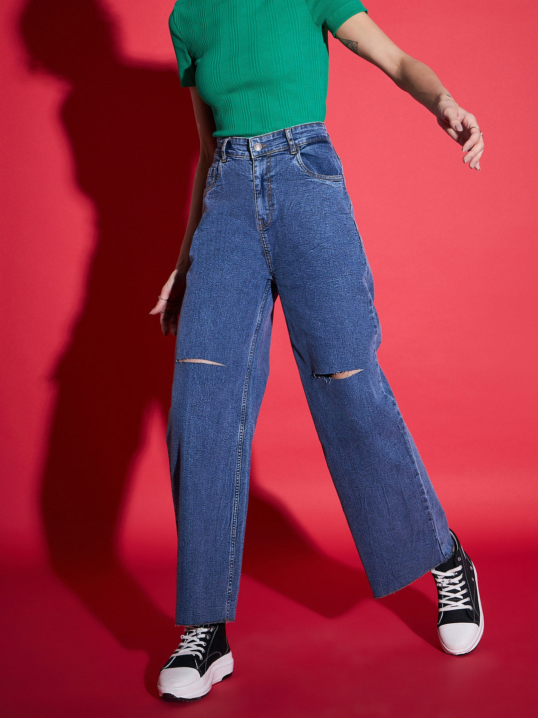 Women's Women Navy Denim Premium Knee Slit Straight Jeans in Cotton by Sassafras for wholesale, bulk, supplier, manufacturer and wholesaler buyers from Trendphoria