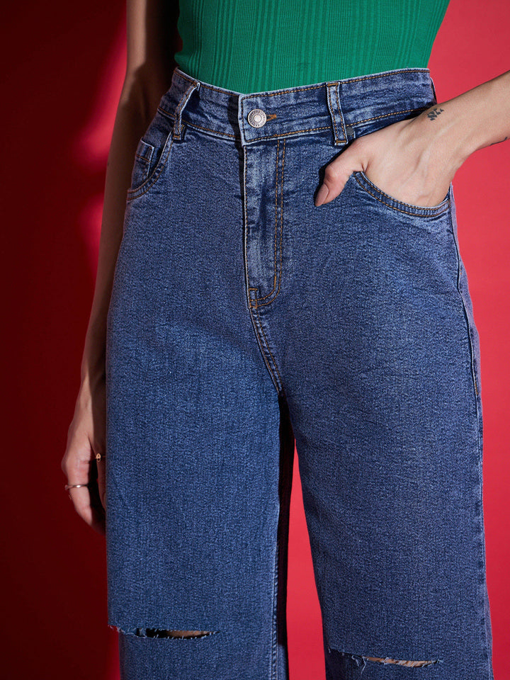 Women Navy Denim Premium Knee Slit Straight Jeans