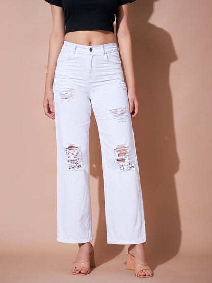 White Heavy Distress Straight Jeans