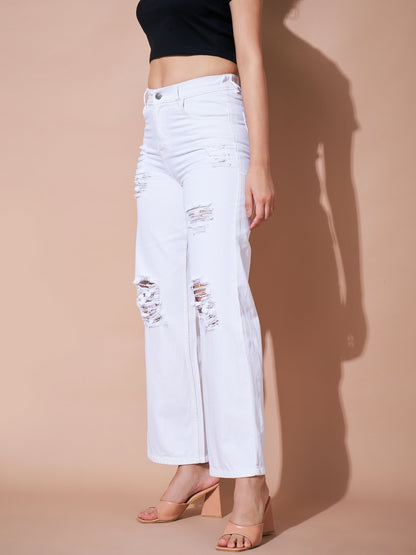 White Heavy Distress Straight Jeans