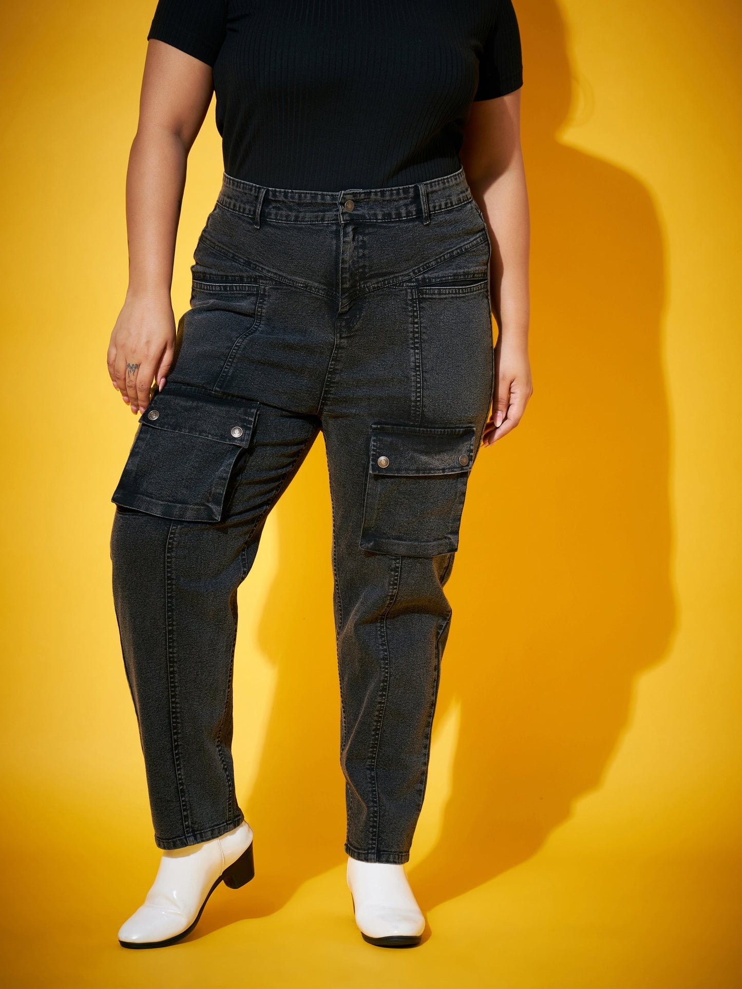 Black Acid Wash Front Patch Pocket Jeans