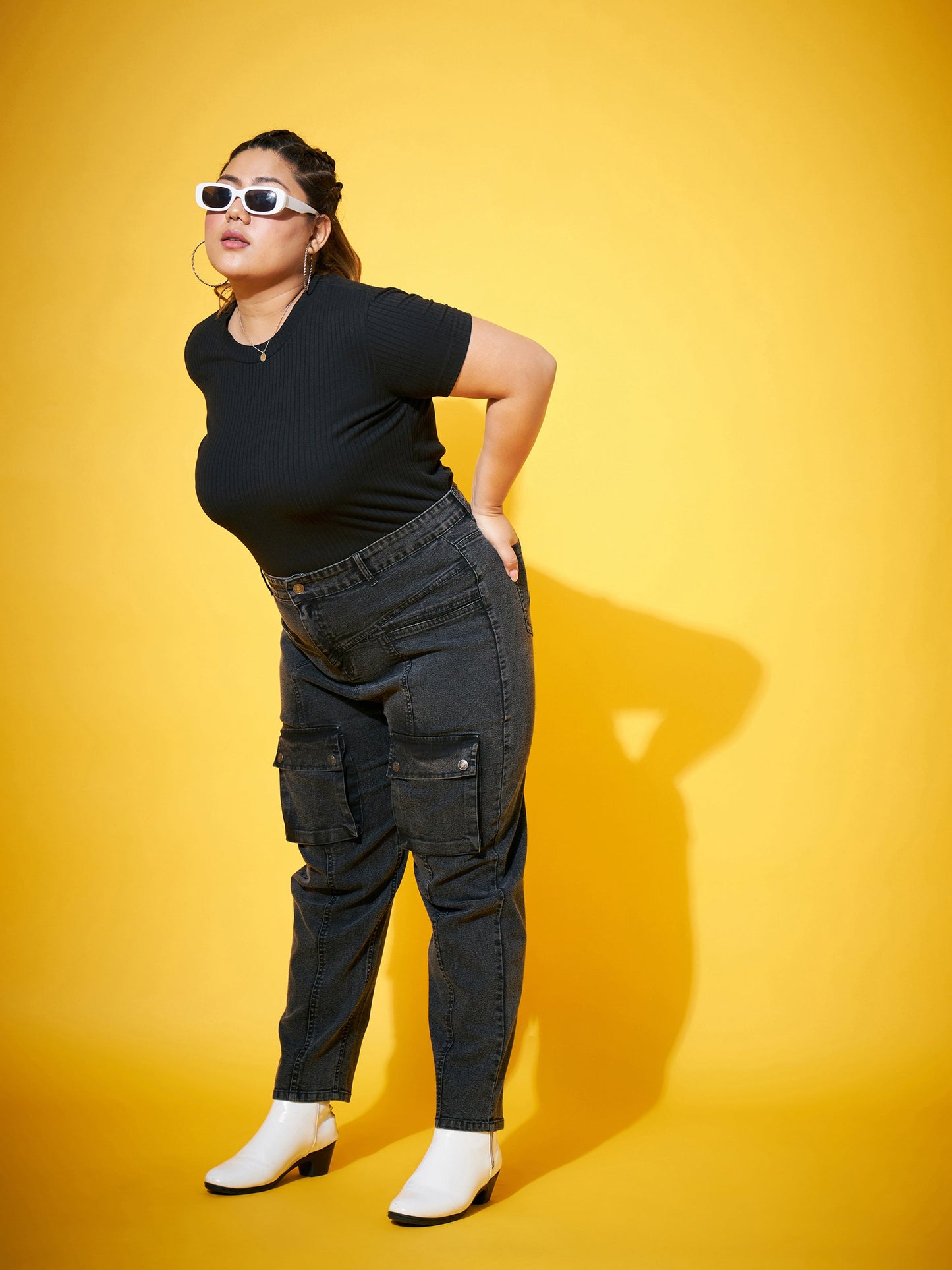Black Acid Wash Front Patch Pocket Jeans