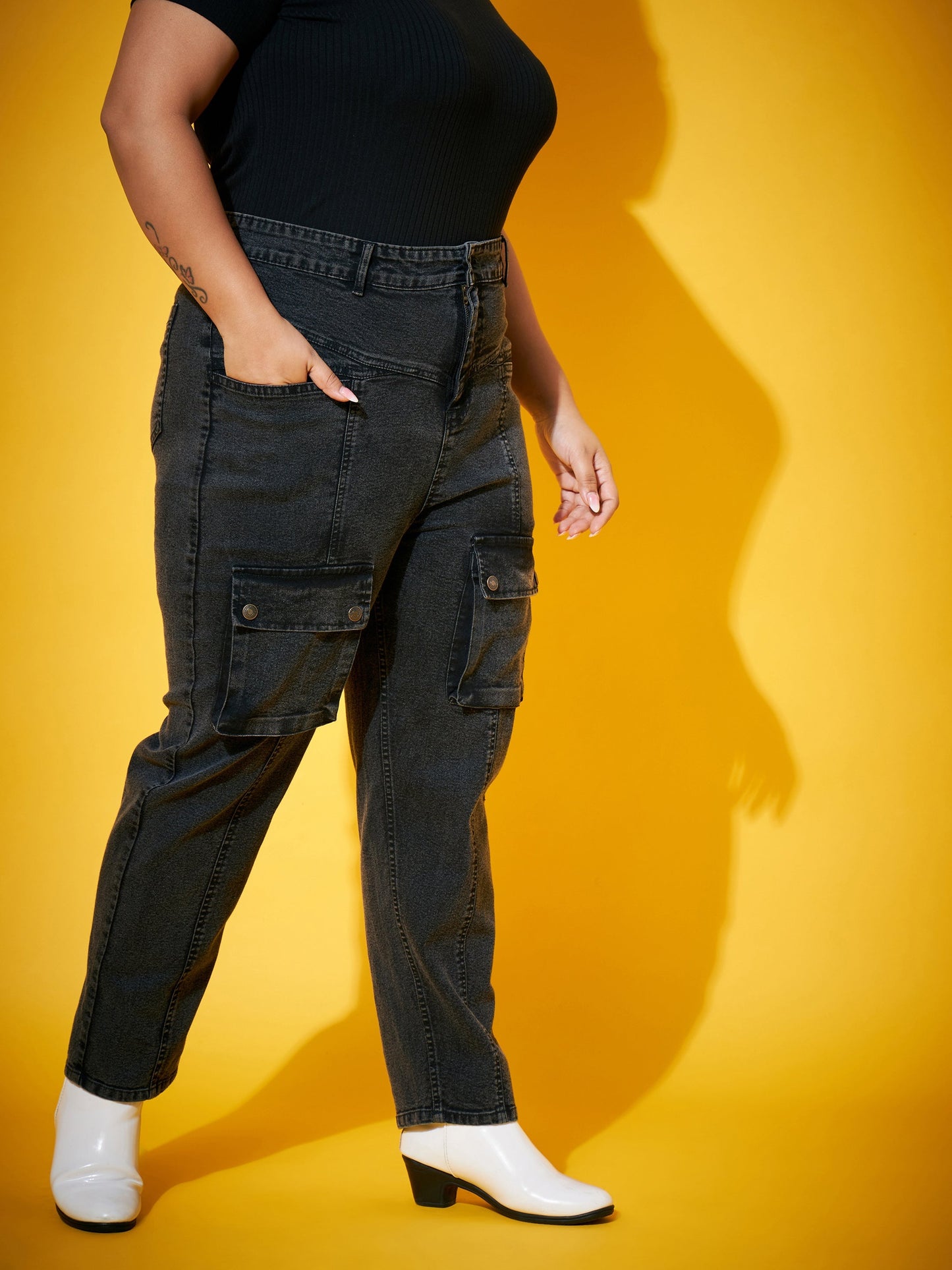 Black Acid Wash Front Patch Pocket Jeans