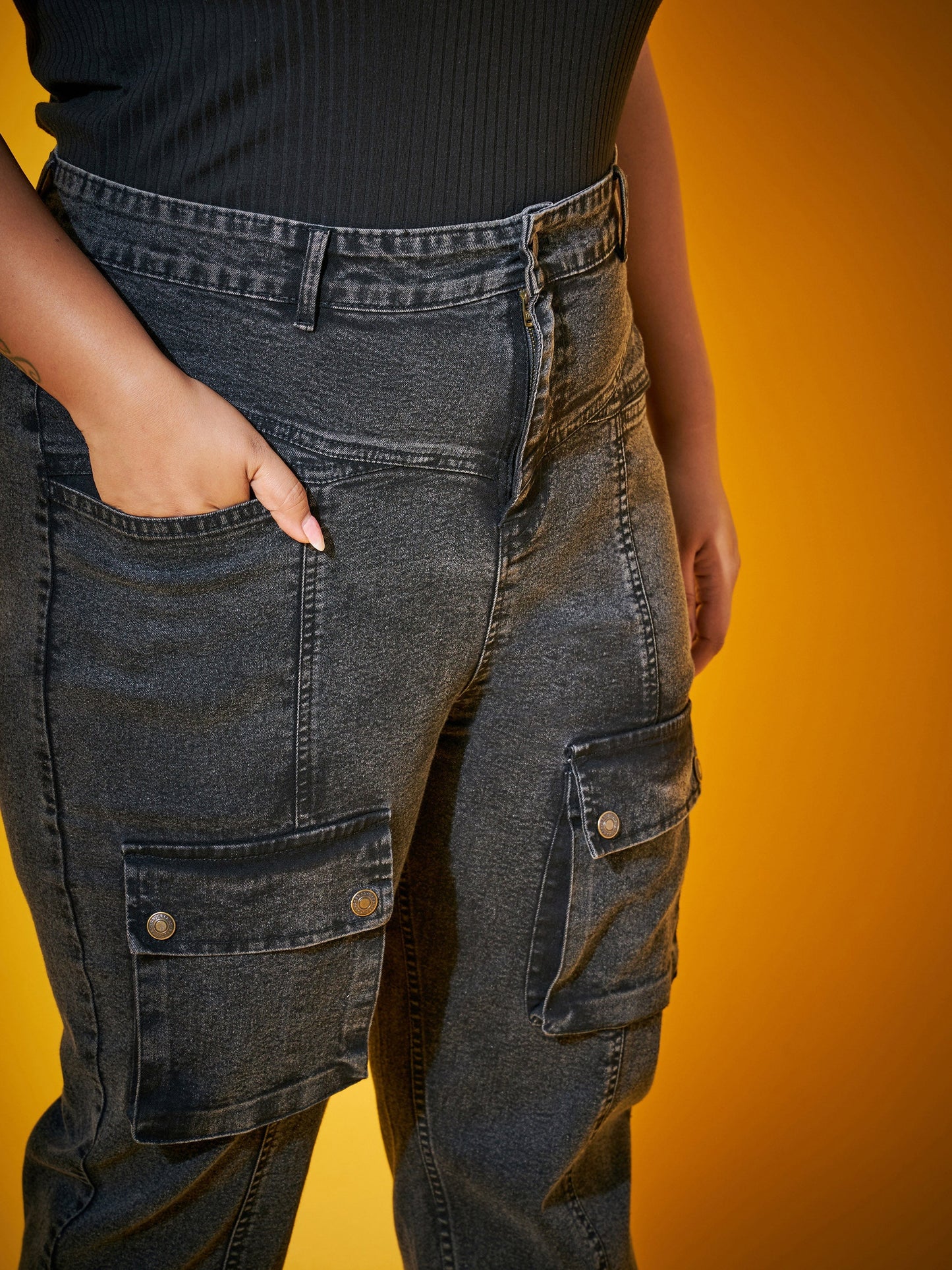 Black Acid Wash Front Patch Pocket Jeans