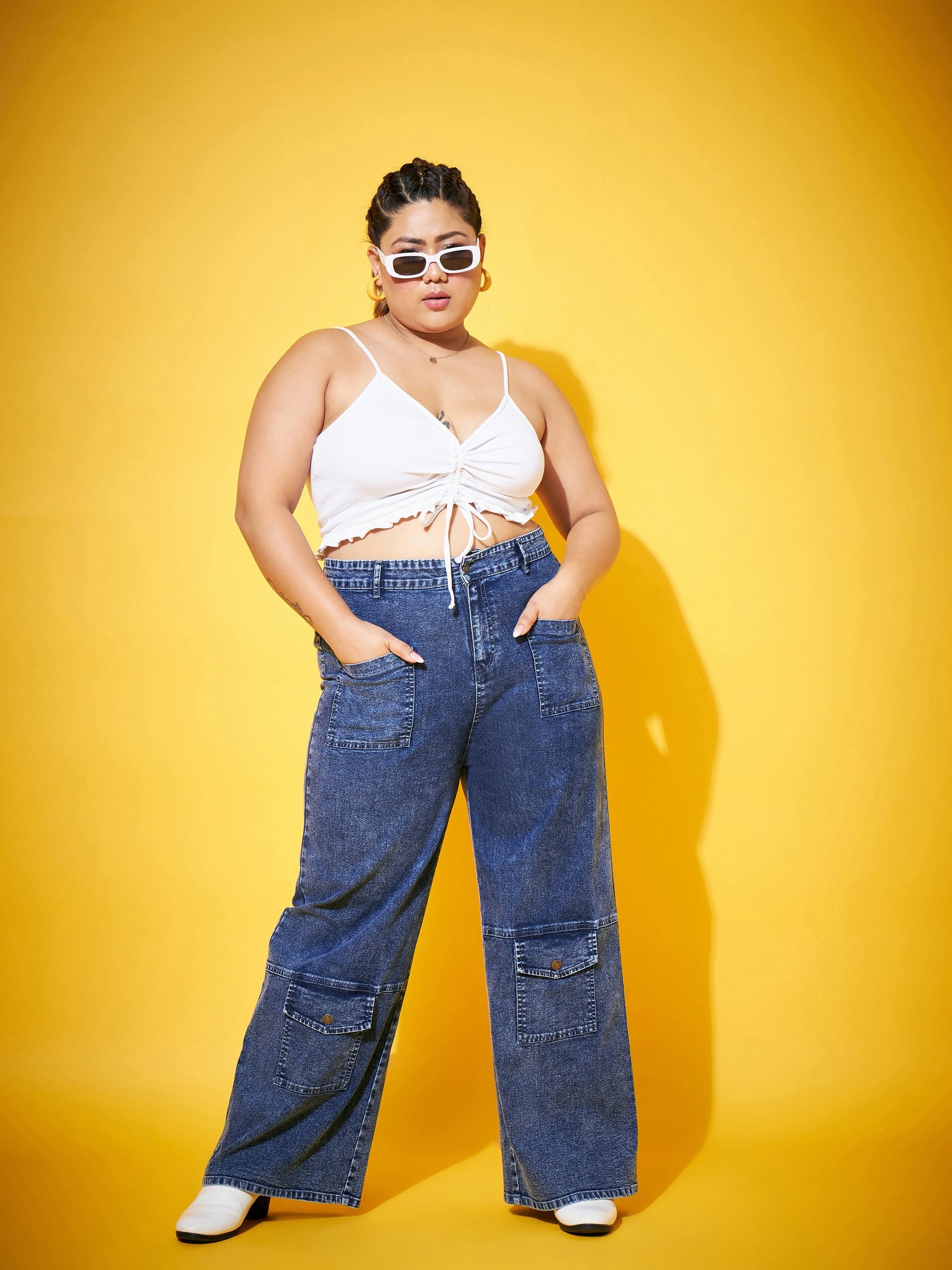Plus size women's Blue Denim Blue Acid Wash Multi Pocket Straight Jeans by Sassafras Curve for wholesale buyers, boutiques, resellers and bulk orders