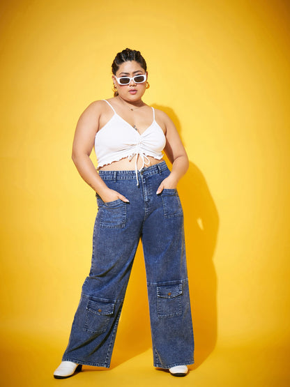 Plus size women's Blue Denim Blue Acid Wash Multi Pocket Straight Jeans by Sassafras Curve for wholesale buyers, boutiques, resellers and bulk orders