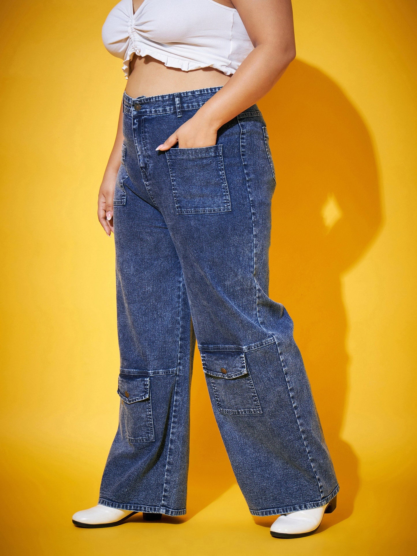 Blue Acid Wash Multi Pocket Straight Jeans-SASSAFRAS Curve