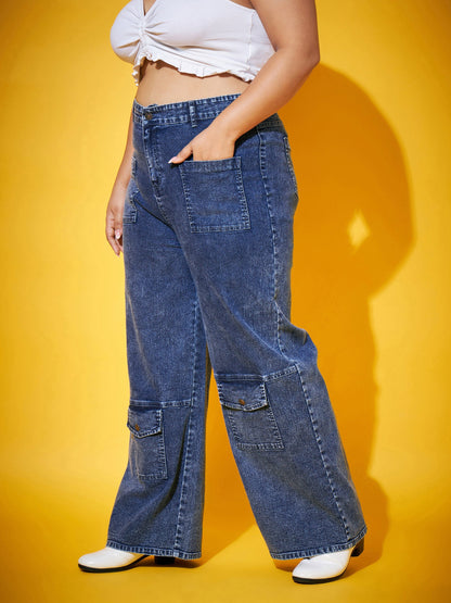 Blue Acid Wash Multi Pocket Straight Jeans-SASSAFRAS Curve