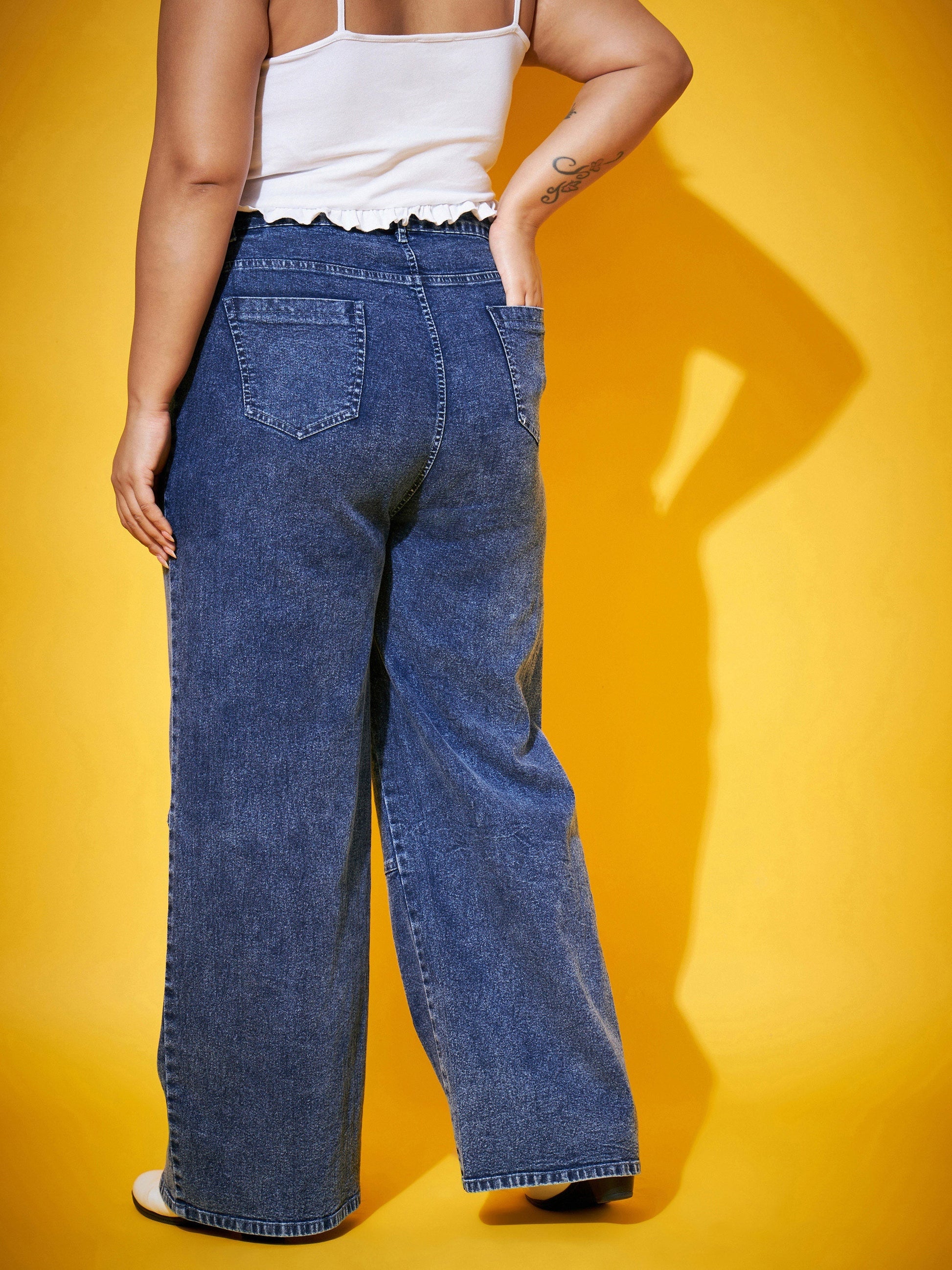 Blue Acid Wash Multi Pocket Straight Jeans-SASSAFRAS Curve