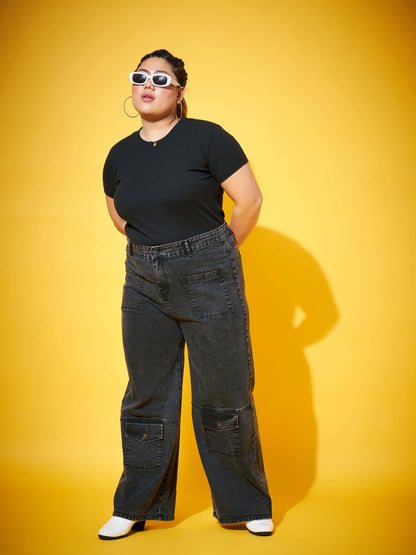 Plus size women's Black Denim Black Acid Wash Multi Pocket Straight Jeans by Sassafras Curve for wholesale buyers, boutiques, resellers and bulk