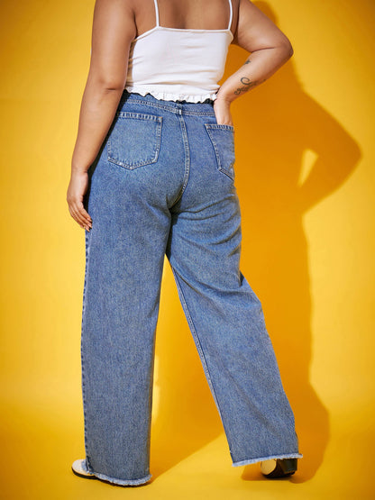Blue Wash Distressed Slit Straight Jeans-SASSAFRAS Curve