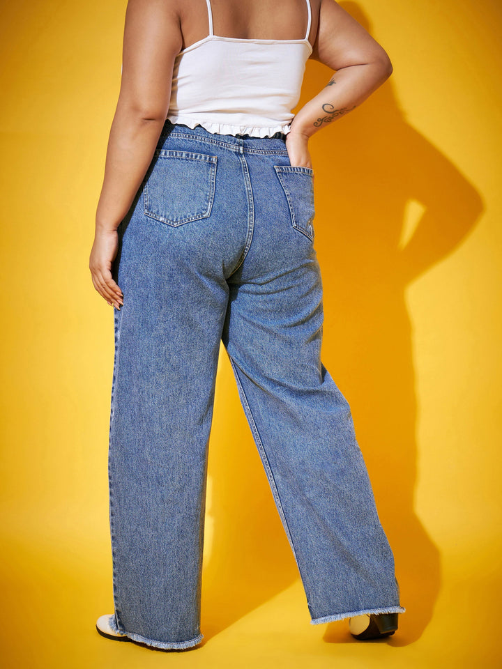 Blue Wash Distressed Slit Straight Jeans-SASSAFRAS Curve