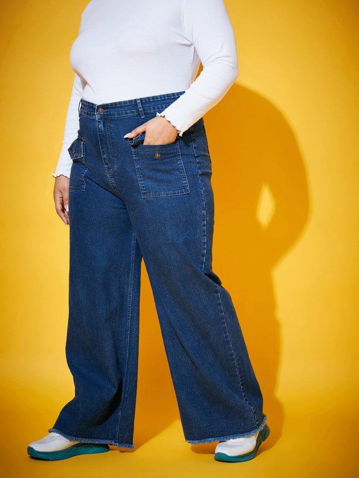 Blue Wash Front Flap Pocket Straight Jeans-SASSAFRAS Curve