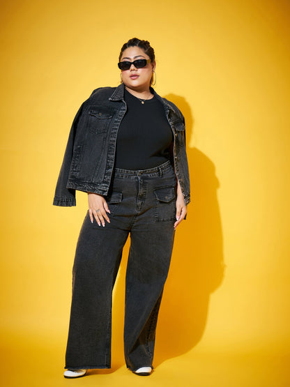 Plus size women's Black Denim Black Wash Front Flap Pocket Straight Jeans by Sassafras Curve for wholesale buyers, boutiques, resellers and bulk