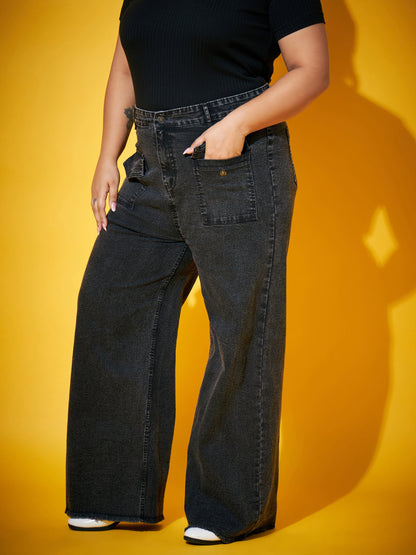 Black Wash Front Flap Pocket Straight Jeans-SASSAFRAS Curve