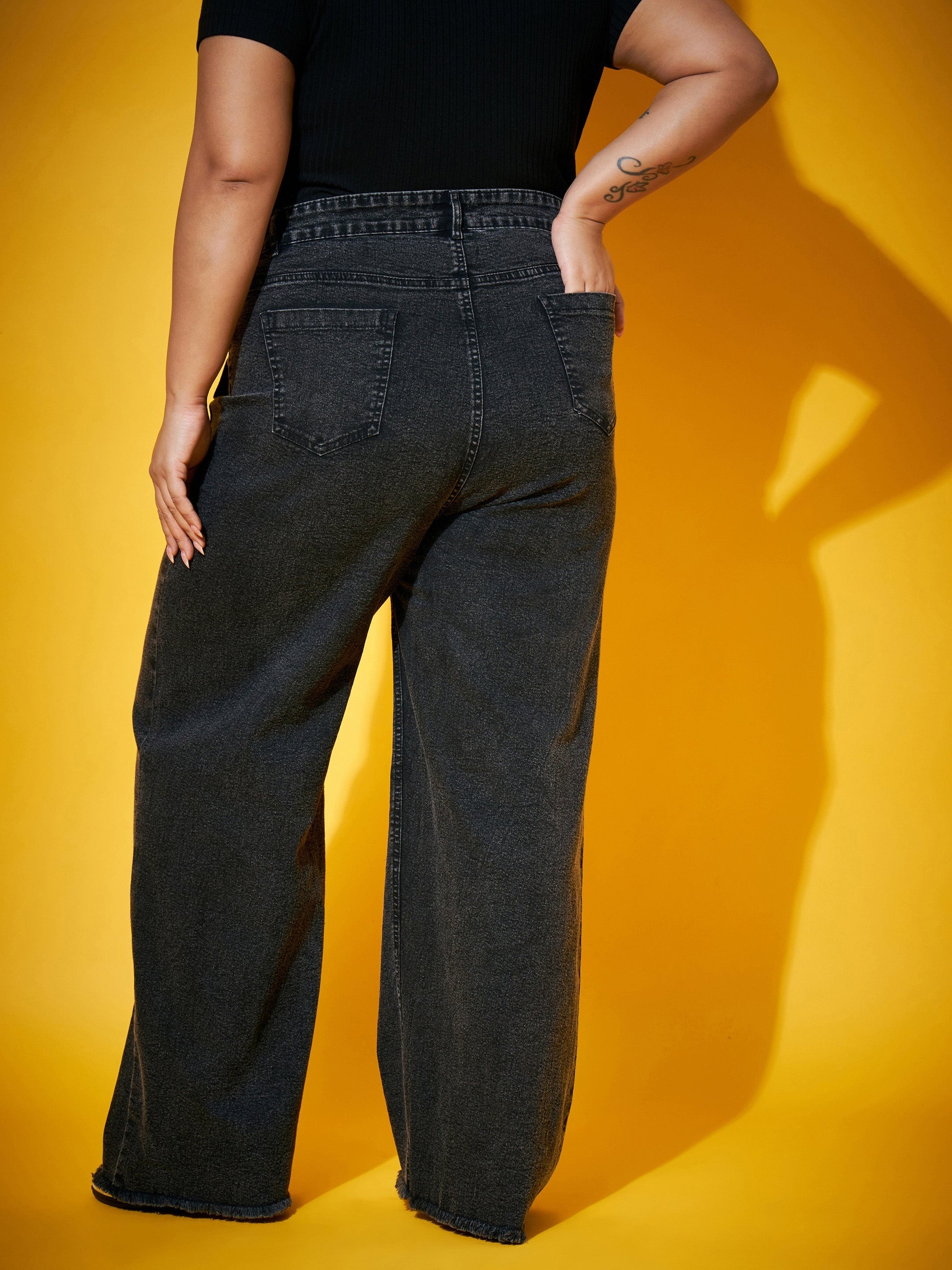 Black Wash Front Flap Pocket Straight Jeans-SASSAFRAS Curve