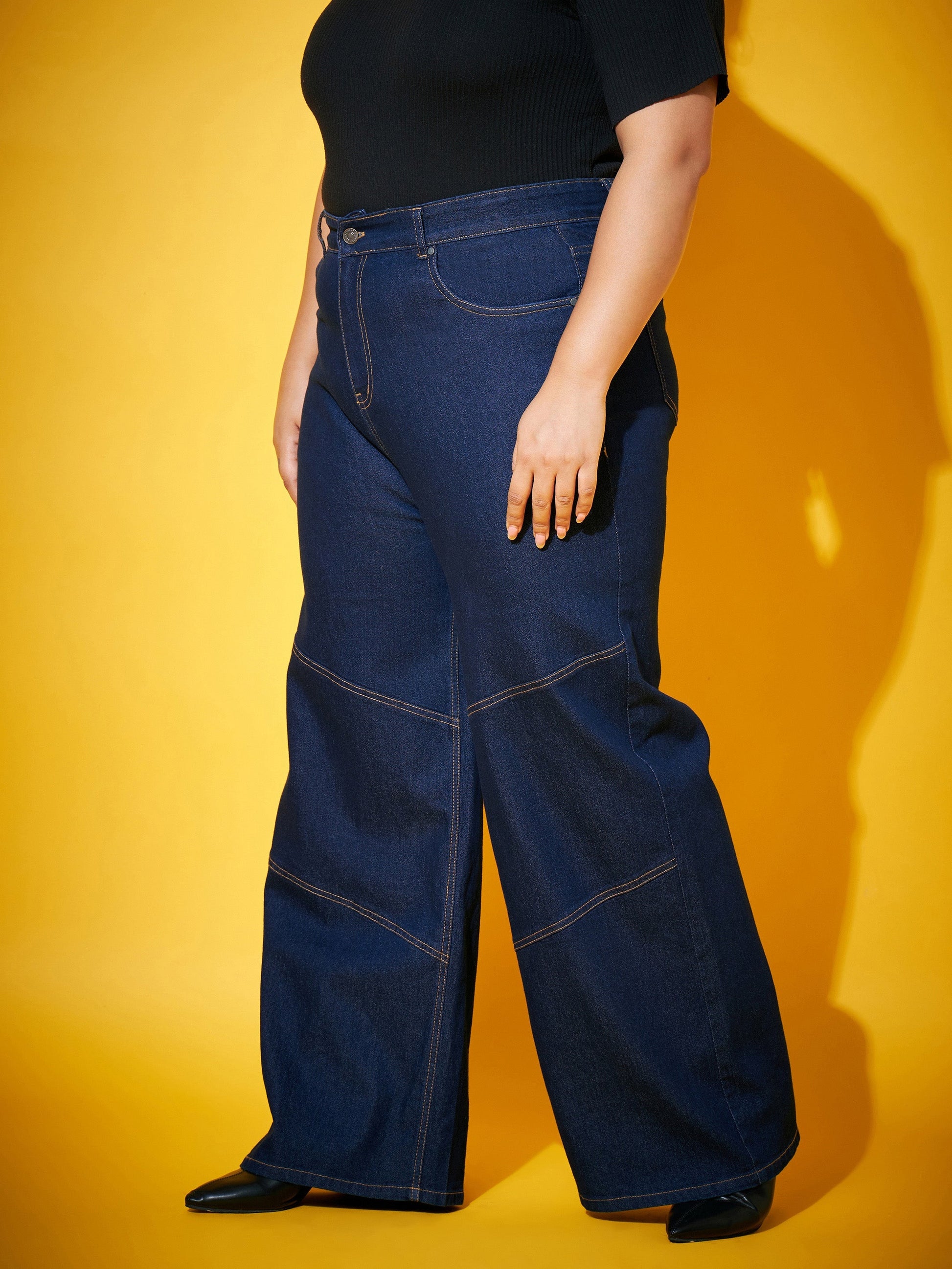 Navy Wash Contrast Stitch Straight Jeans-SASSAFRAS Curve