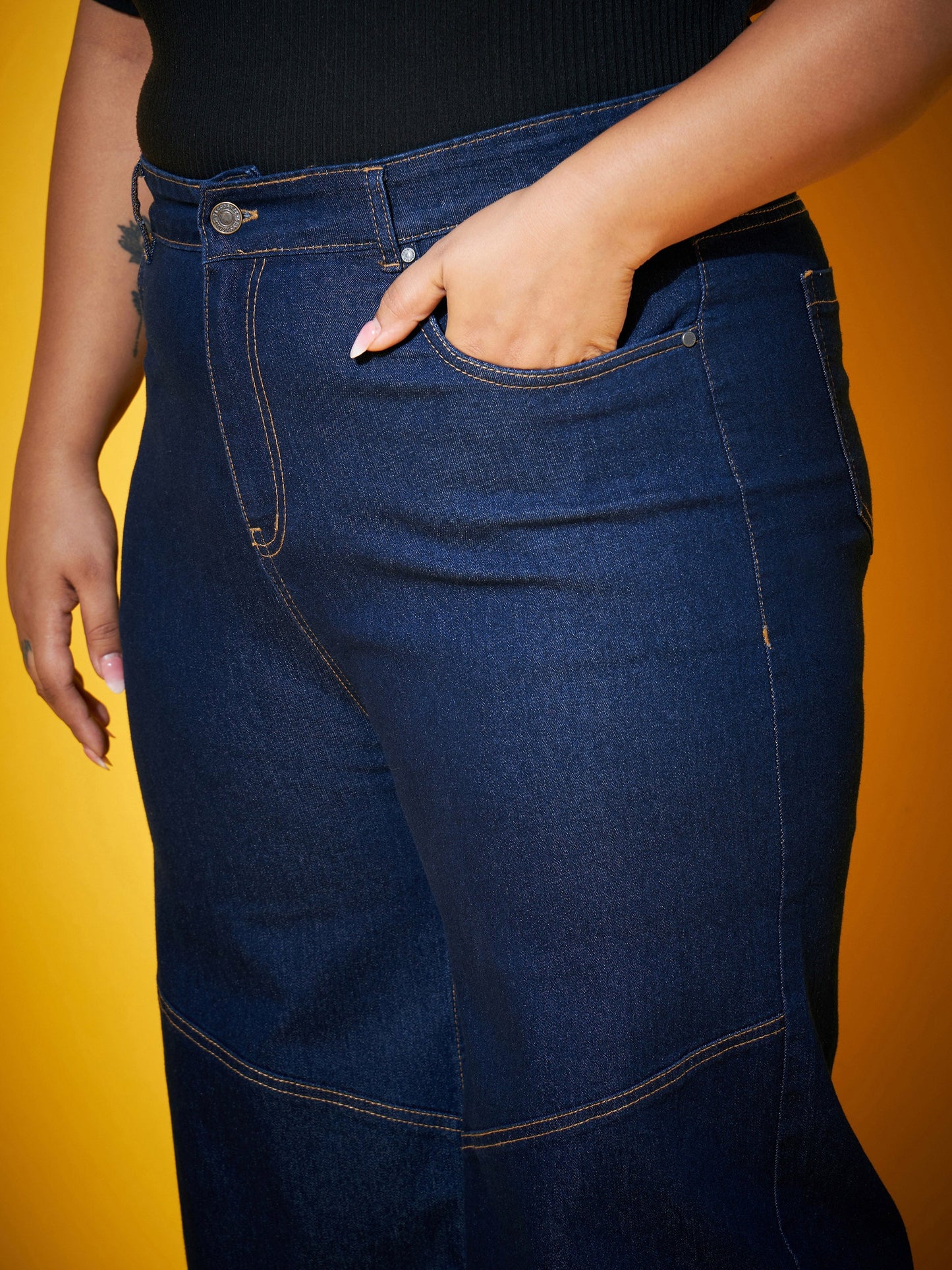 Navy Wash Contrast Stitch Straight Jeans-SASSAFRAS Curve