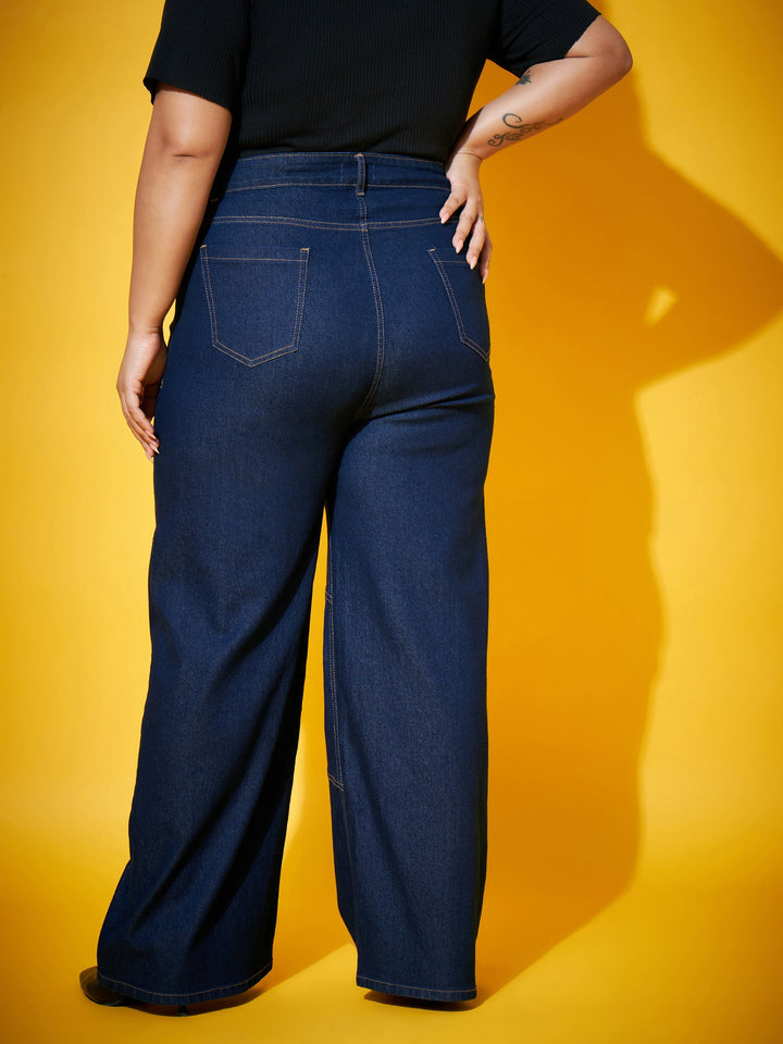 Navy Wash Contrast Stitch Straight Jeans-SASSAFRAS Curve