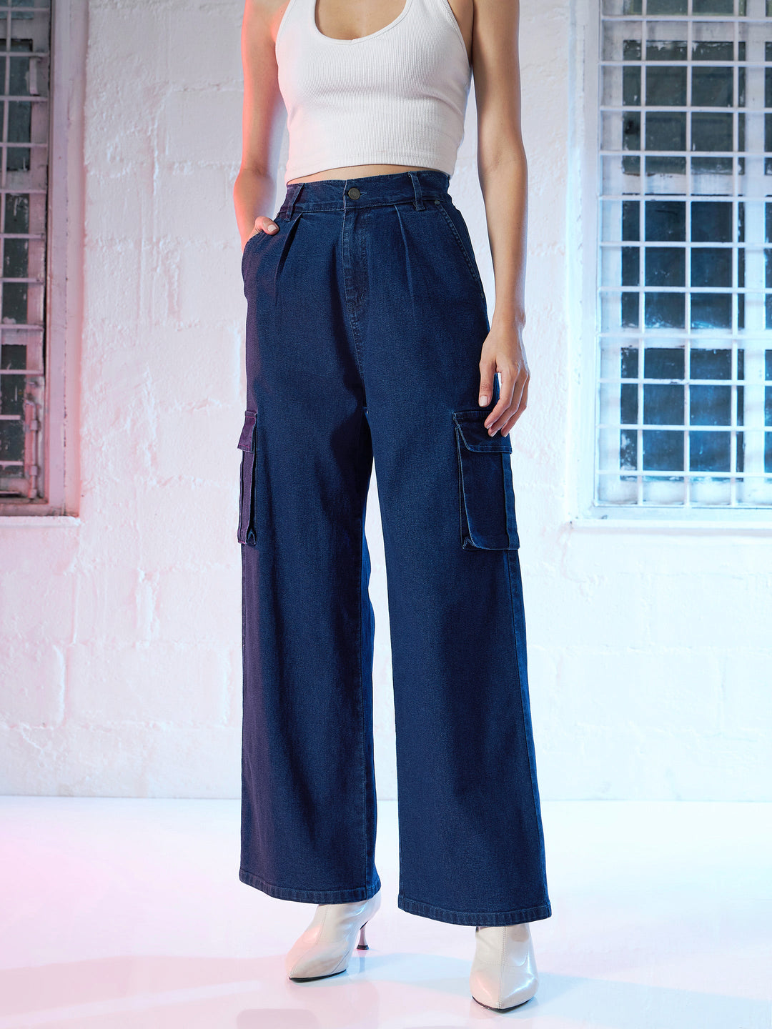 Women's Women Blue Side Pocket Cargo Jeans in Cotton by Sassafras for wholesale, bulk, supplier, manufacturer and wholesaler buyers from Trendphoria