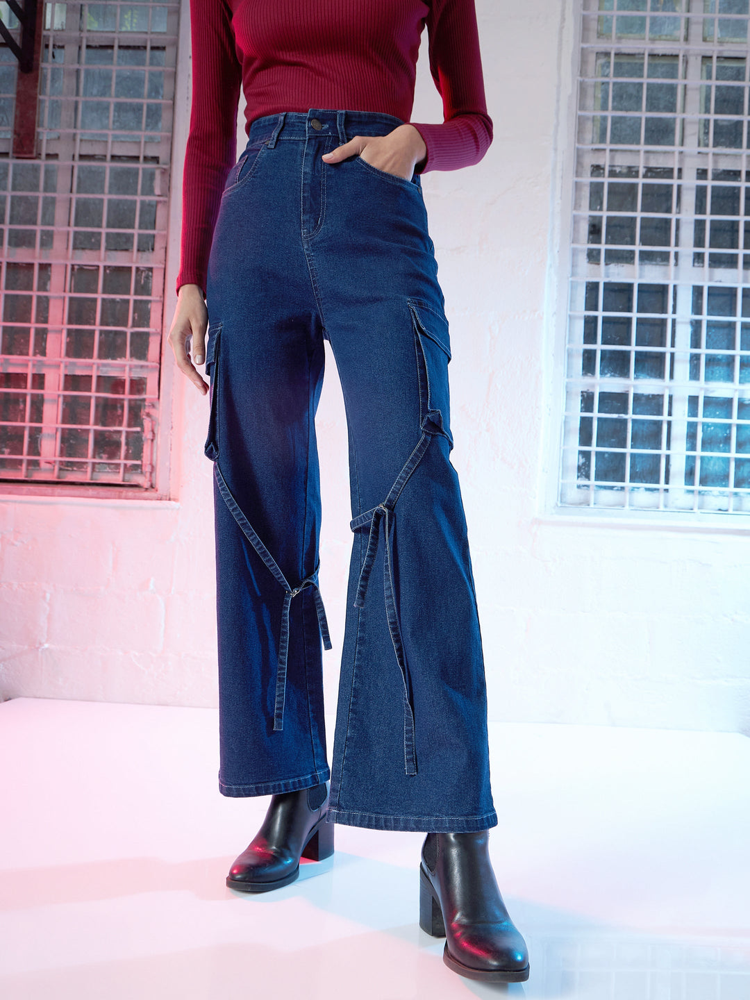 Women's Women Blue Straight Fit Cargo Jeans in Cotton by Sassafras for wholesale, bulk, supplier, manufacturer and wholesaler buyers from Trendphoria