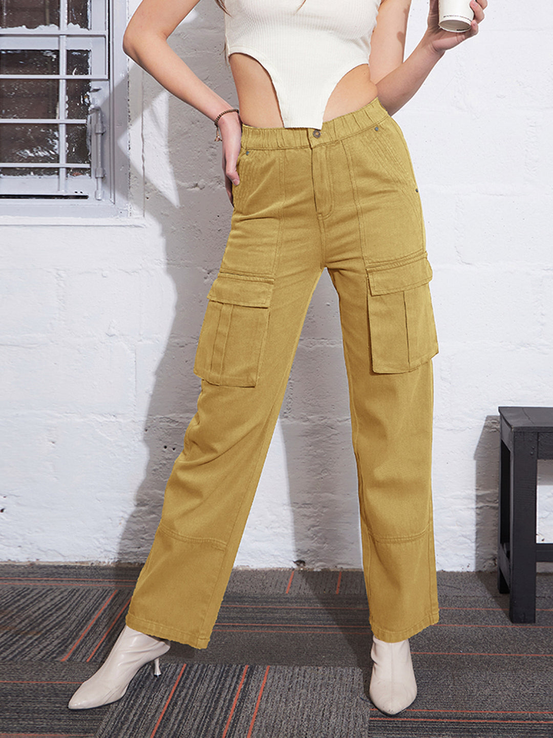 Women's Women Brown Box Pocket Cargo Jeans in Cotton by Sassafras for wholesale, bulk, supplier, manufacturer and wholesaler buyers from Trendphoria