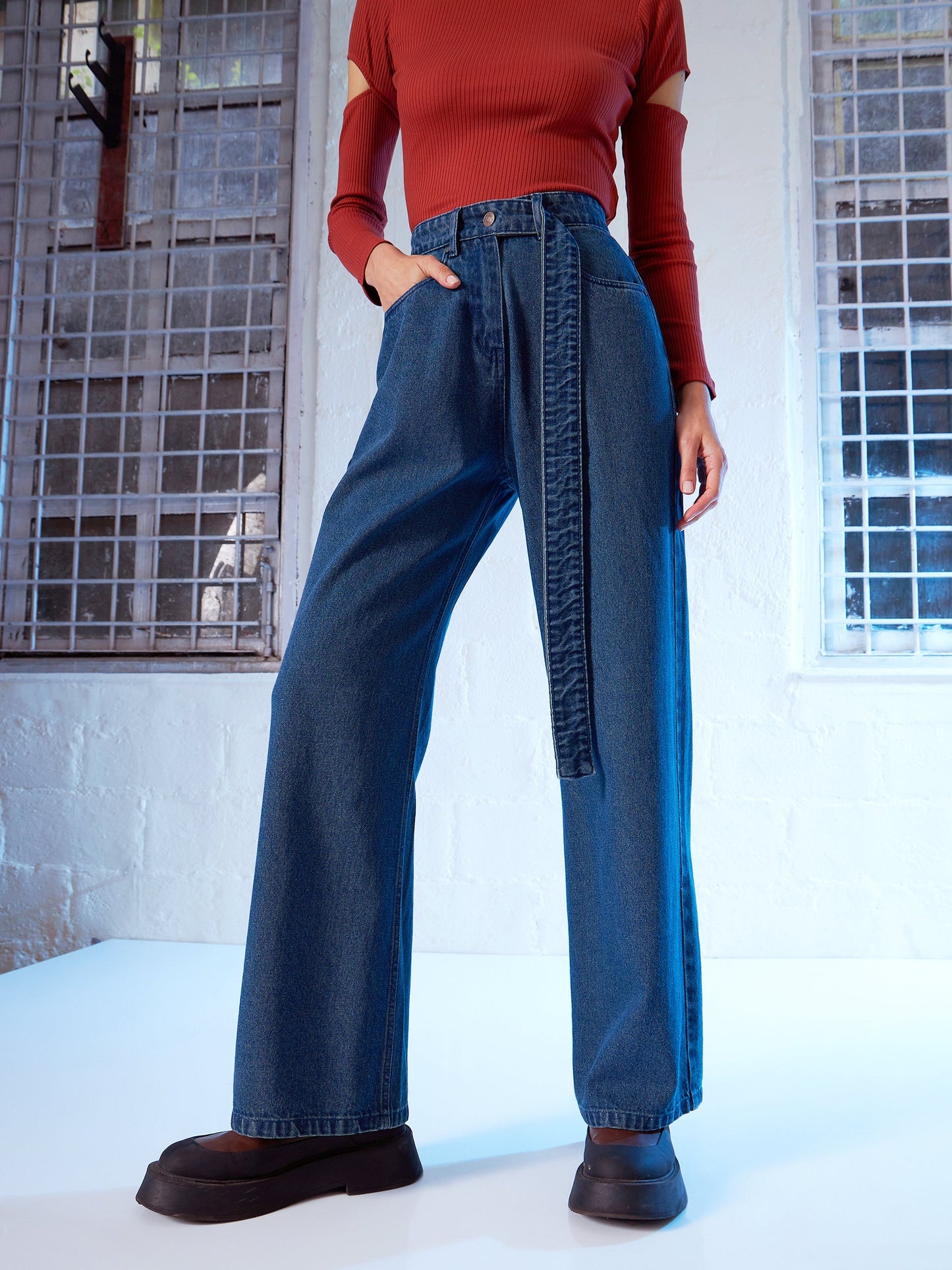 Blue Denim Belted Straight Fit Jeans