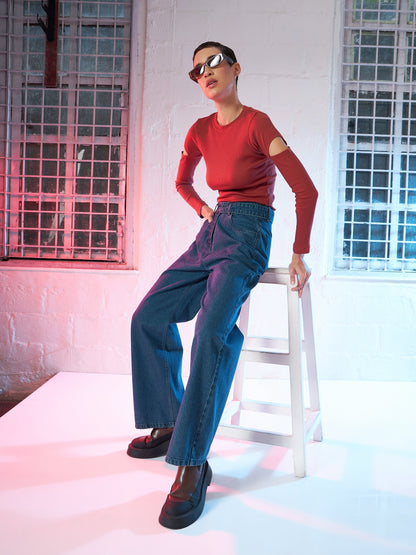 Blue Denim Belted Straight Fit Jeans