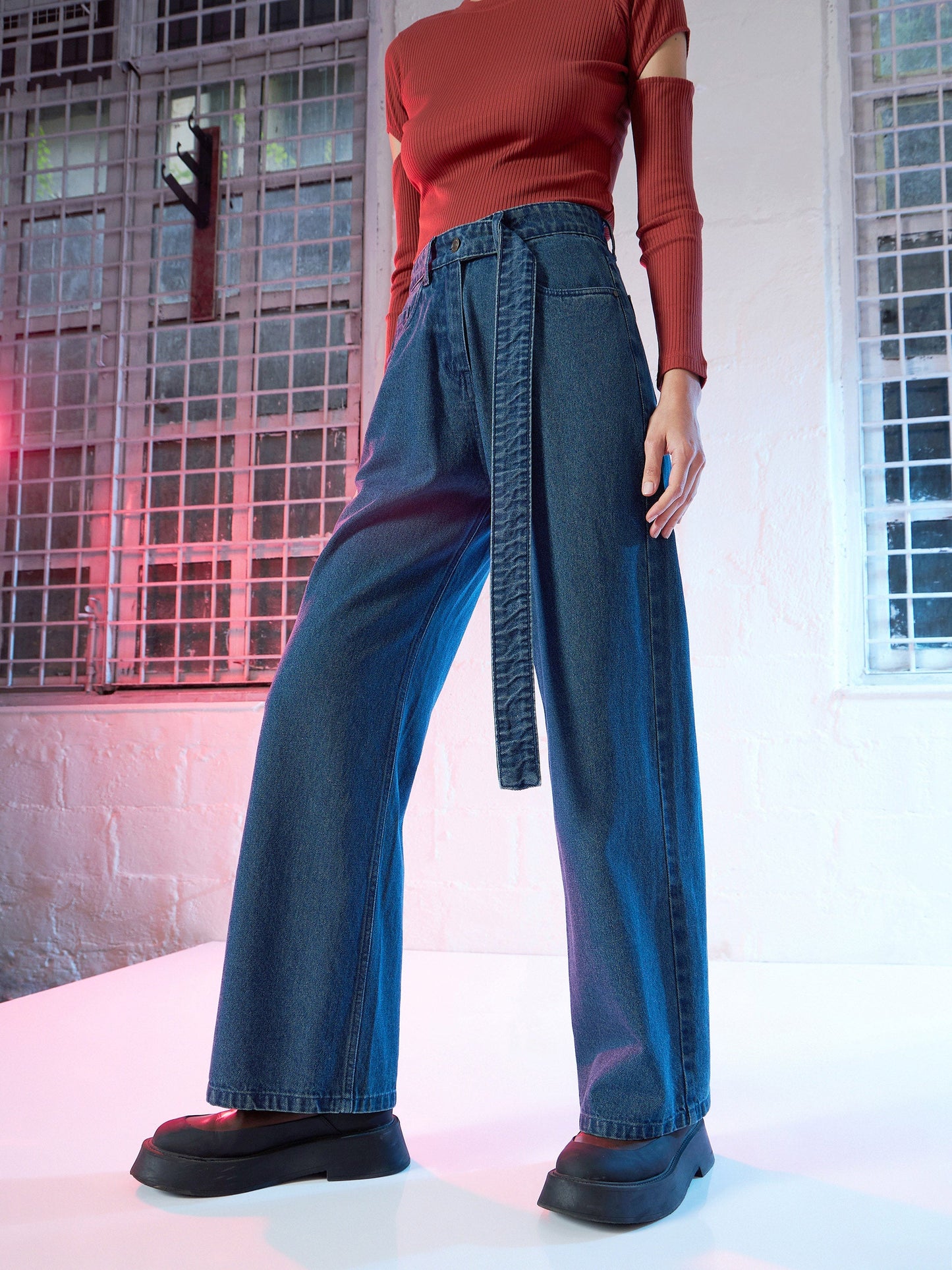 Blue Denim Belted Straight Fit Jeans