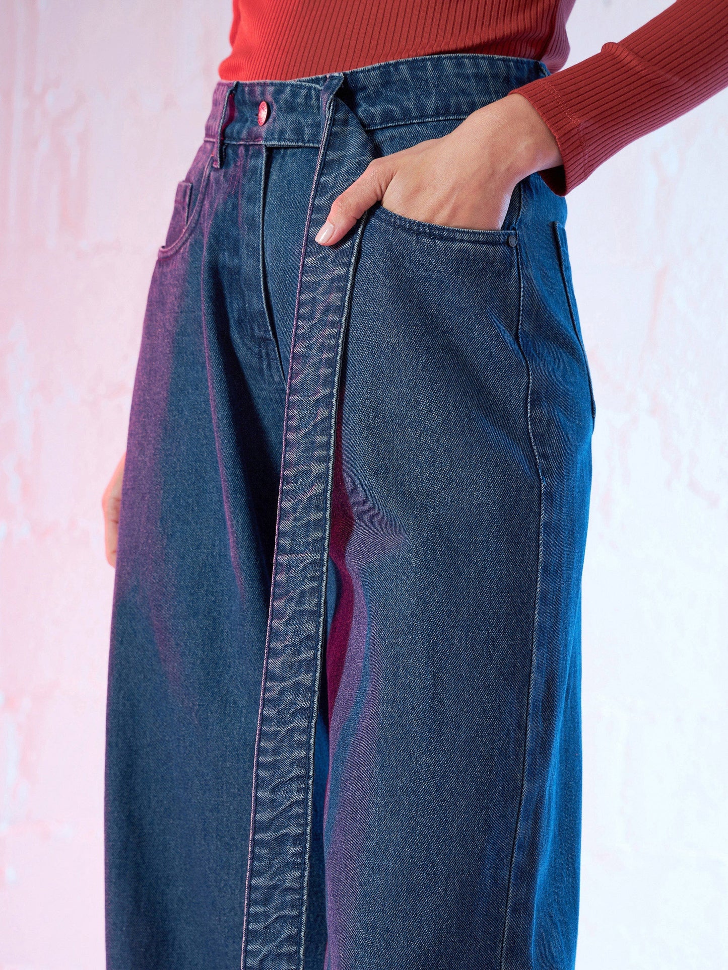 Blue Denim Belted Straight Fit Jeans