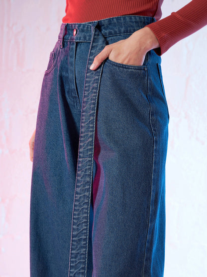 Blue Denim Belted Straight Fit Jeans