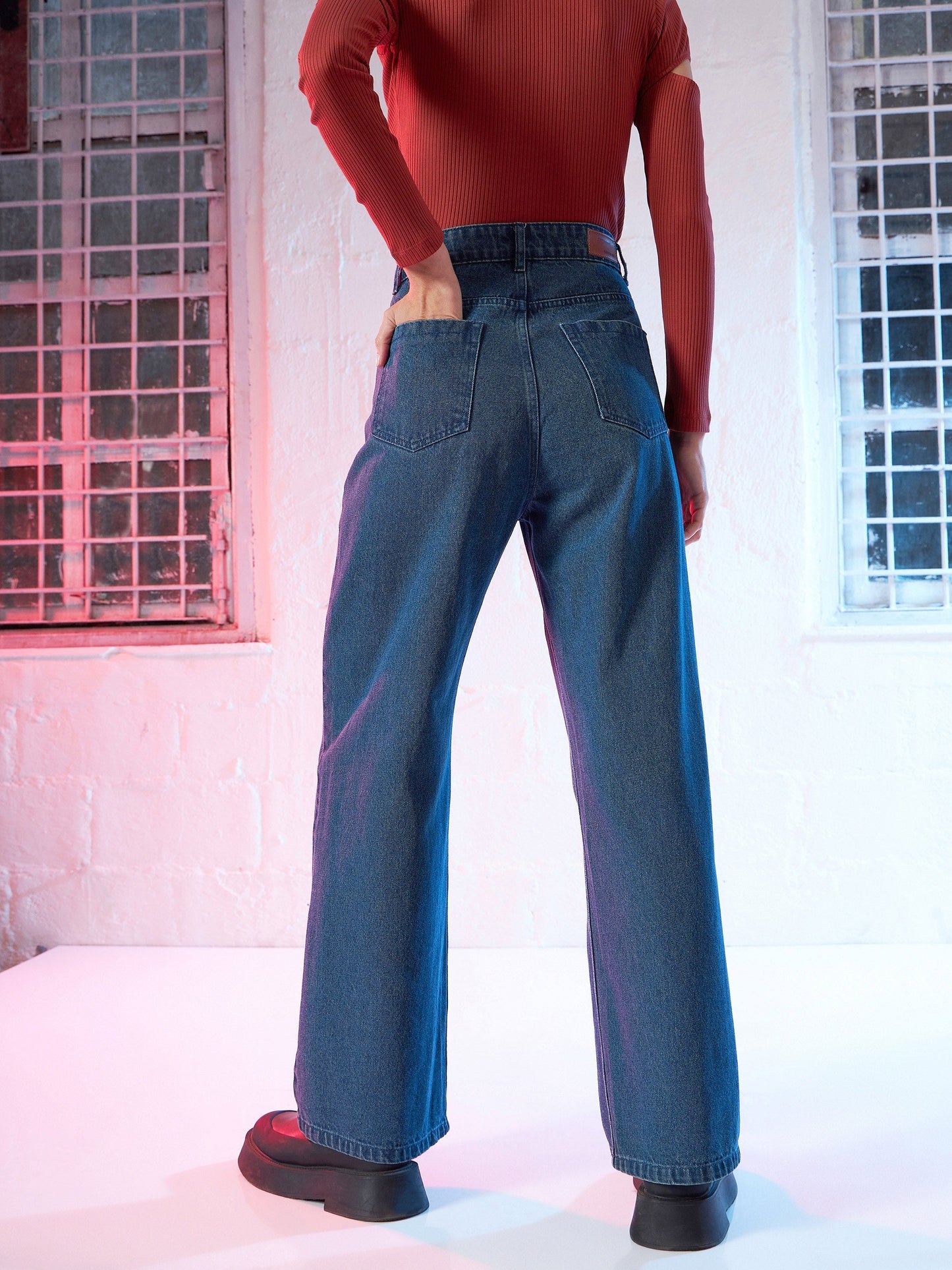 Blue Denim Belted Straight Fit Jeans