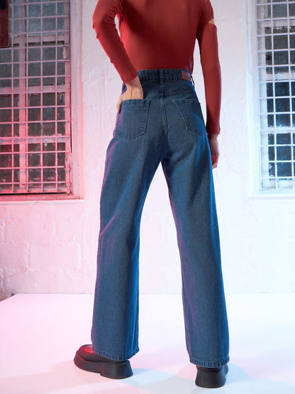 Blue Denim Belted Straight Fit Jeans