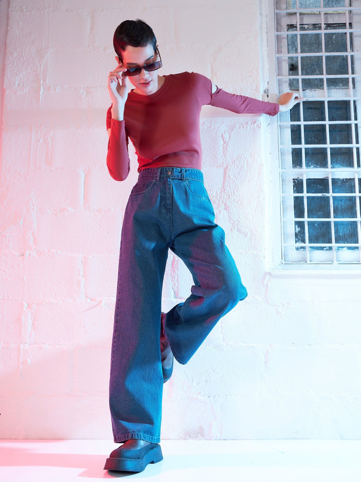 Blue Denim Belted Straight Fit Jeans