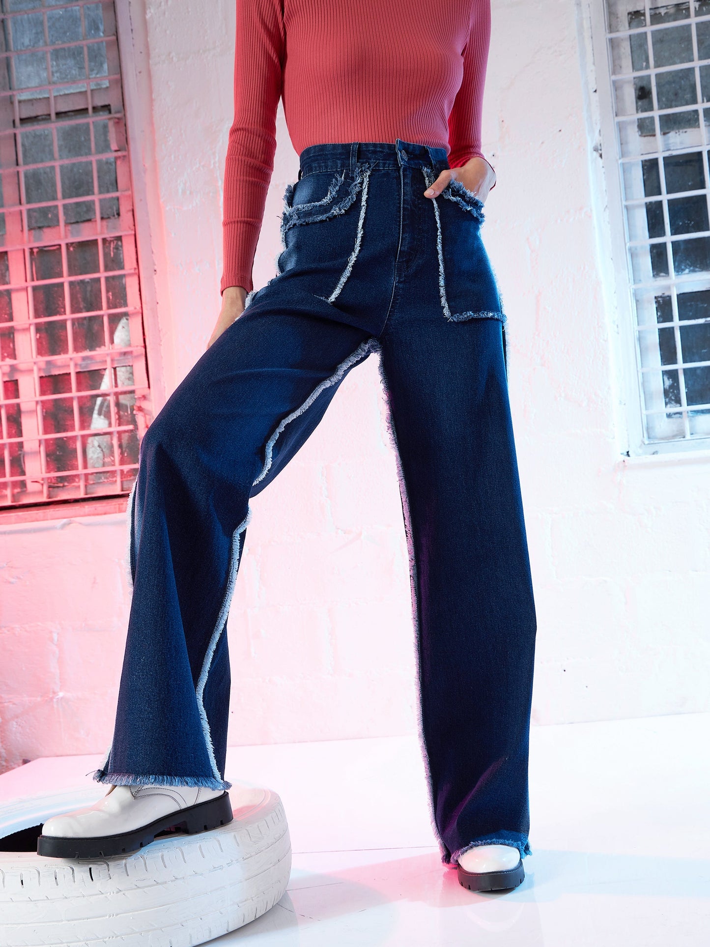 Blue Fringe Detail Straight Fit Jeans