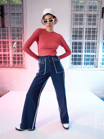 Blue Fringe Detail Straight Fit Jeans