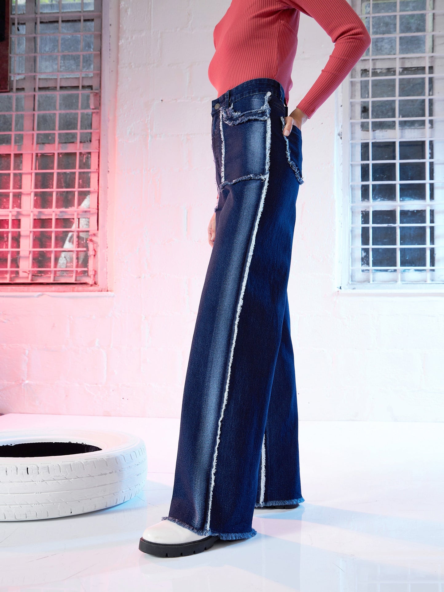 Blue Fringe Detail Straight Fit Jeans