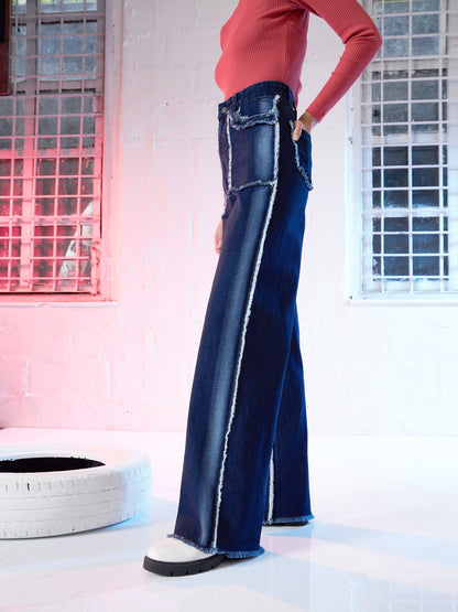 Blue Fringe Detail Straight Fit Jeans