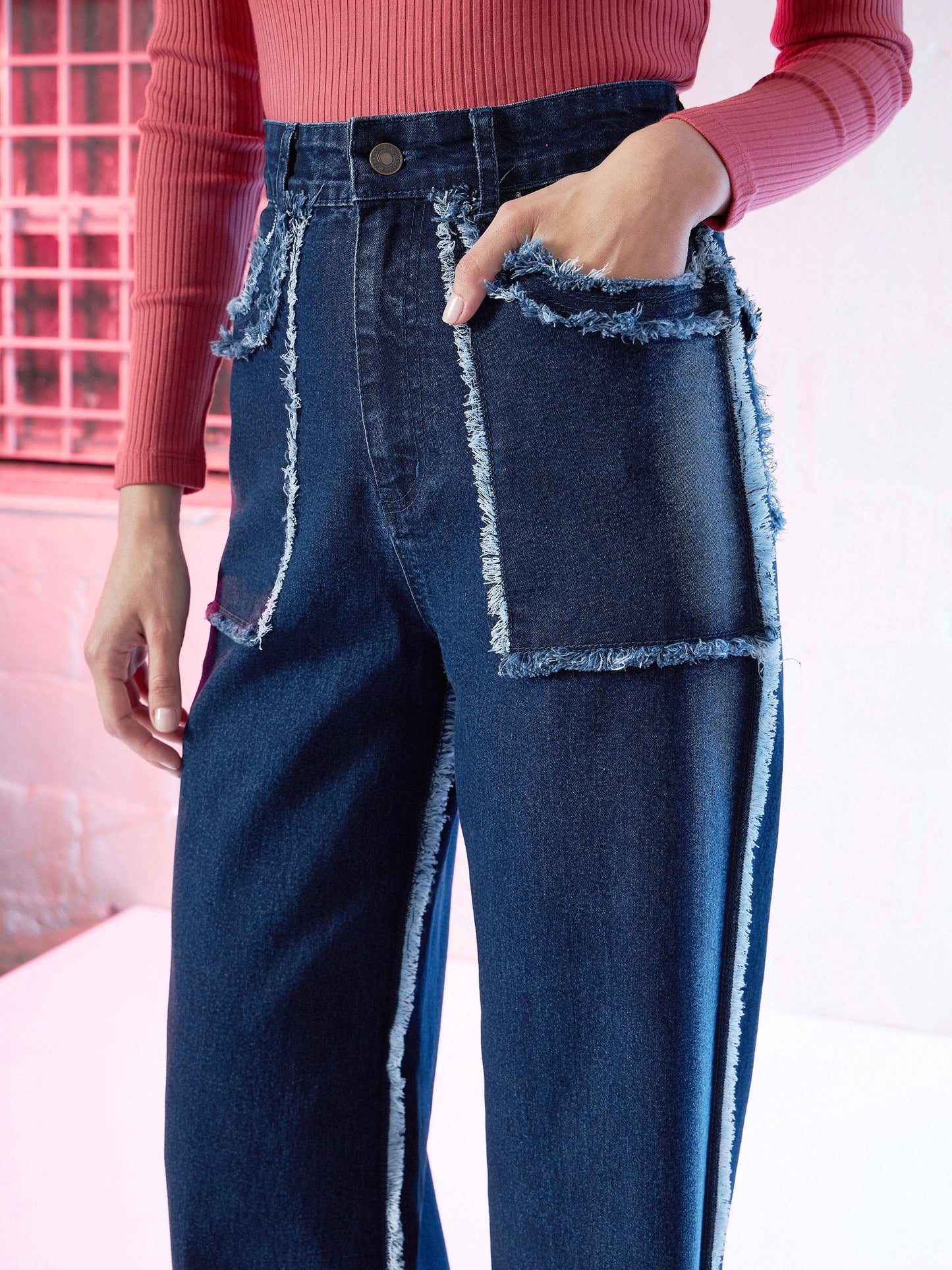 Blue Fringe Detail Straight Fit Jeans