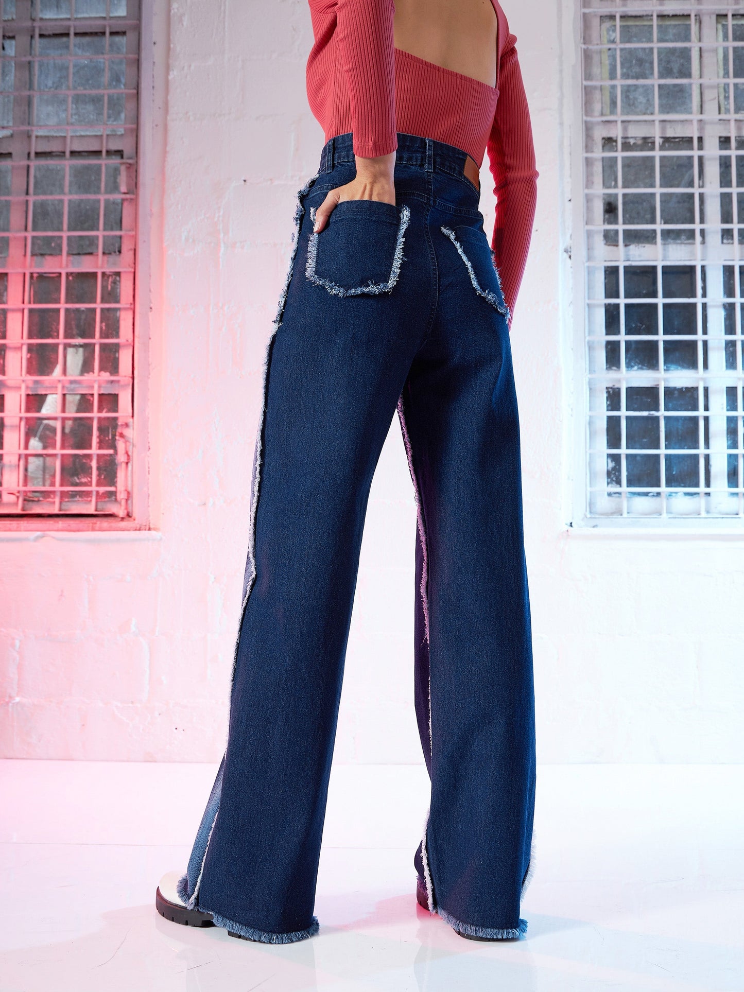 Blue Fringe Detail Straight Fit Jeans