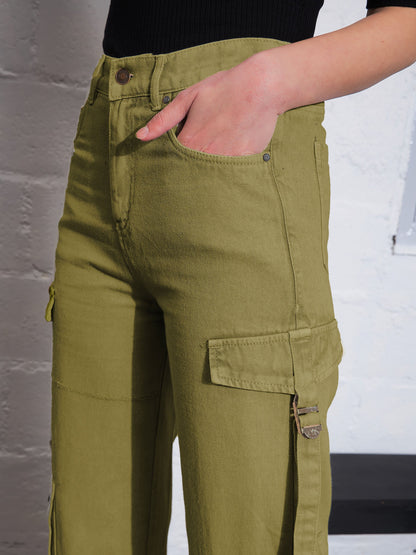 Women Olive Cargo Straight Jeans