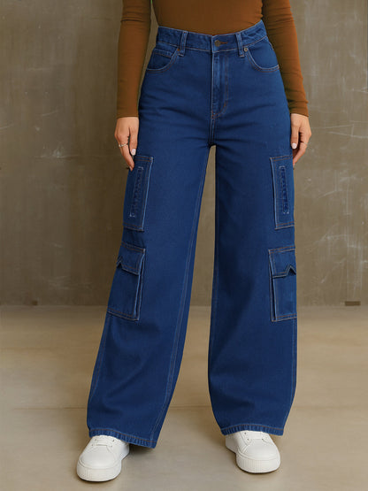 Women Blue Boxy Pockets Cargo Jeans