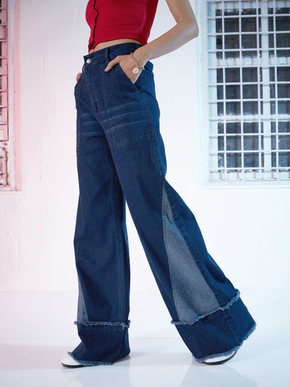 Women Blue Denim Raw Hem Straight Fit Jeans