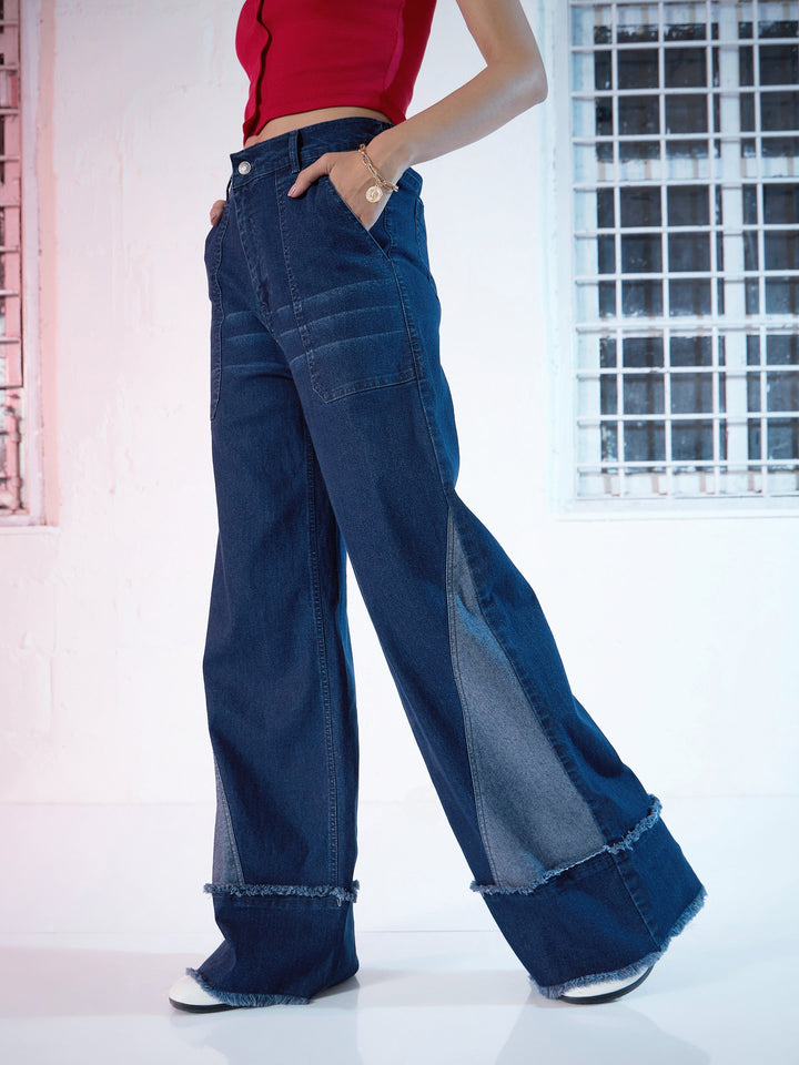 Women Blue Denim Raw Hem Straight Fit Jeans