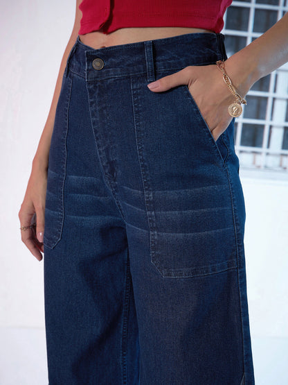 Women Blue Denim Raw Hem Straight Fit Jeans
